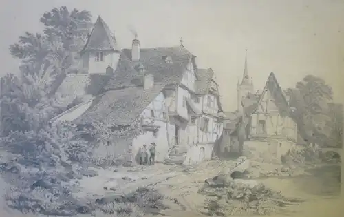 Zeichner des 19. Jahrhunderts,, Teilansicht mit eines Fachwerkgebäude im Hintergrund mit Kirchturm. Bleistift und weiße Kreide