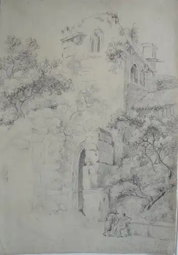 Zeichner um 1800,, Wanderer vor dem Tor einer Schloßanlage. Schwarze Kreide