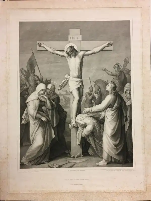 Barfus, Paul (1823 Nürnberg - 1895 München),, Die Kreuzigung Christi nach einem Gemälde von Julius Schnorr von Carolsfeld, 1843. Kupferstich gedruckt von Fr. Felsing, München 0