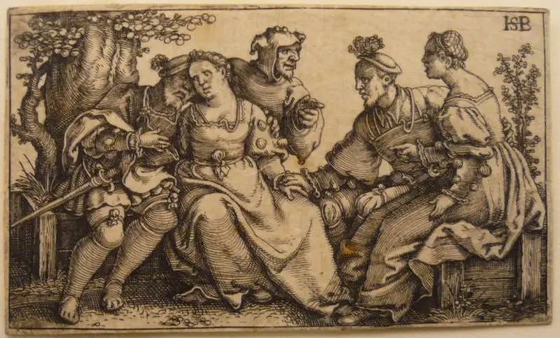Beham, Hans Sebald (1500 Nürnberg - 1550 Frankfurt am  Main),, Zwei Liebespaare und ein Narr. Kupferstich 0