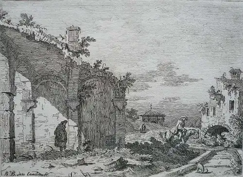 Bellotto, Bernardo, gen. Canaletto (1721 Venedig - 1780 Warschau),, Capriccio - Landschaft mit Ruine eines arkadenartigen Baus. Radierung. Um 1742