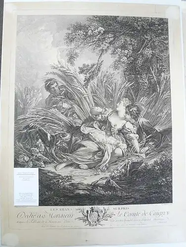 Boucher, Francois  (1703 - Paris - 1770),, Les Amans Surpris. (Das überraschte Liebespaar). Kupfertstich nach Boucher von René Gaillard (ca. 1720 - Paris - nach 1790)