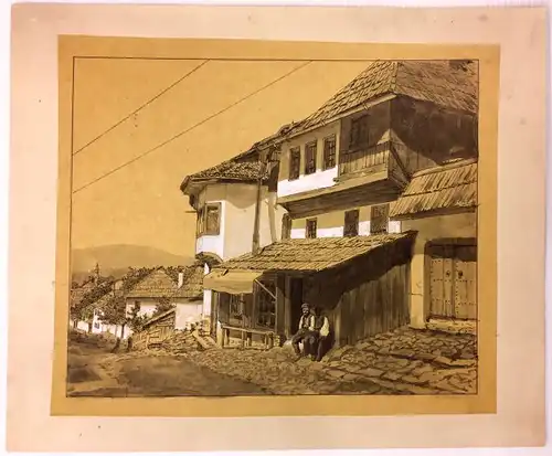 Brioschi, Anton (1855 - Wien - 1920),, Dorfstraße in Teplitz. Tuschfeder laviert mit Weiß gehöht