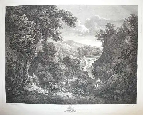 Browne, John (1719 - London - 1790),, Heroische Landschaft mit Wasserfall, im Vordergrund ruhende Kühe und Hirten, davon einer eine Flöte spielend. (The Cascade.) Radierung nach Gaspar Poussin (1615 - Rom - 1675)
