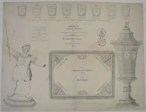 Basel - Doppelfest 1844,, Abbildung ausgezeichneter Ehrengaben für das eidgenössische Freischiessen in Basel 1844 und Schlachtfeier St. Jakob. Federlithographie bei Schabelitz aus der Schweighauserschen Buchhandlung, Basel