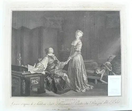 Fragonard, Jean-Honoré (1732 Grasse - 1806 Paris),, Le Contrat. (Der Ehevertrag). Kupferstich nach Fragonard von Maurice Blot (1753 - Paris - 1818)
