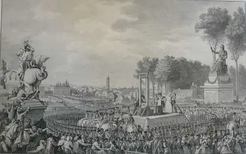 Frankreich - Marie-Antoinette,, Marie-Antoinette wird auf dem Revolutionsplatz (Place de la Concorde) zur Guillotine geführt. Radierung von Helman, Isidore Stanislas (1743 Lille - 1809 Paris)