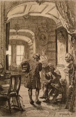 Friedrich, Woldemar (1846 Gnadau - 1910 Berlin),, In der Bibliothek (Weimar). Radierung