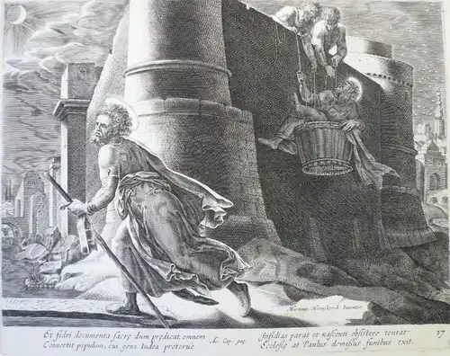 Galle, Philippe (1537 Haarlem - 1612 Antwerpen),, Der heilige Paulus entkommt bei Nacht aus Damaskus. Kupferstich nach Maarten van Heemskerck (1498 Heemskerk - 1574 Haarlem)