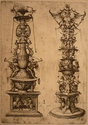 Hopfer, Daniel (um 1470 Kaufbeuren - 1536  Augsburg) - nach,, Zwei Entwürfe für Kandelaber. Radierung bei David Funck (1642 - 1709)