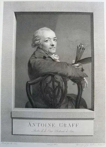 Johann Gotthard Müller (1747 Bernhausen - 1830 Stuttgart),, Anton Graf, vor der Staffelei sitzend und im Dreiviertelprofil dem Betrachter zugewandt. Radierung von nach einem Selbstbildnis Anton Graffs (1736 Winterthur - 1813 Dresden)