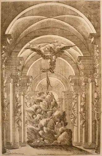 Mattioli, Lodovico (1662 - Bologna - 1747),, Totentanzszene im Kirchenschiff mit Kreuzgewölbe. Kupferstich nach Giacomo Ant. Amici