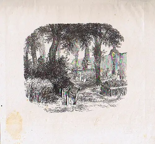 Menzel, Adolph (1815 Breslau - 1905 Berlin),, Ein alter, schattiger Friedhof. Rechts an der Mauer ansehnliche Grabmäler, vorn links eine verfallene Bank vor einem verwahrlosten, überwucherten Grabe. Holzschnitt