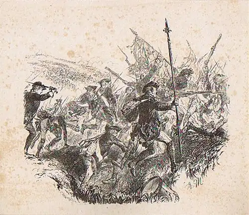 Menzel, Adolph (1815 Breslau - 1905 Berlin),, Preußische Infanterie überschreitet im Sturm auf die Stellung der Österreicher bei Freiberg nach rechts einen Graben. Holzschnitt