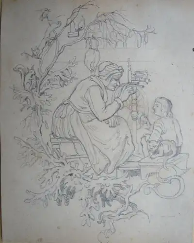 Naeke (Naecke), Gustav Heinrich (1786 Frauenstein - 1835 Dresden),, Figürliche Szene den Buchstaben "S" illustrierend. Bleistift