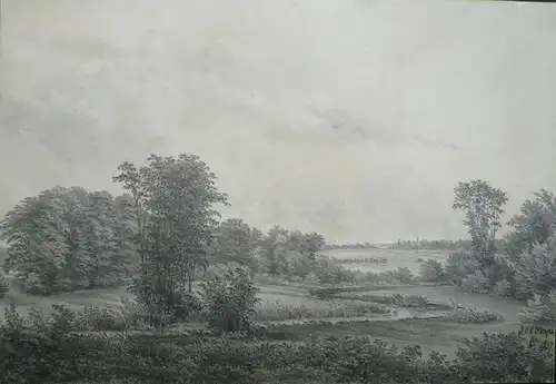 Norddeutscher Zeichner Mitte 19. Jahrhundert,, Weite Landschaft bei Selk von Reinbek aus gesehen. Bleistiftzeichnung
