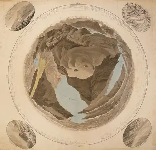 Keller, Heinrich (1778 Zürich - 1882),, Panorama-Ansicht Rigi Berg. Mit vier Teilansichten im Oval. Kolorierte Radierung mit Aquatinta