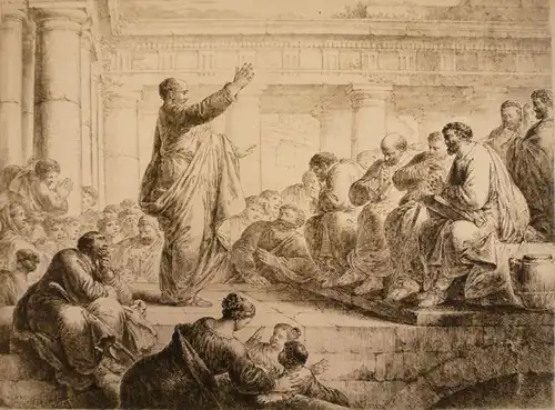 Rode, Christian Bernhard (1725 - Berlin - 1797),, Paulus predigt zu Athen. Radierung