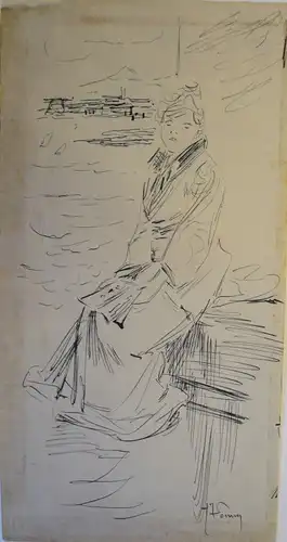 Sommier, Francois Clement gen. Henry Somm (1844 Rouen - 1907 Paris),, Dame am Ufer sitzend. Federzeichnung