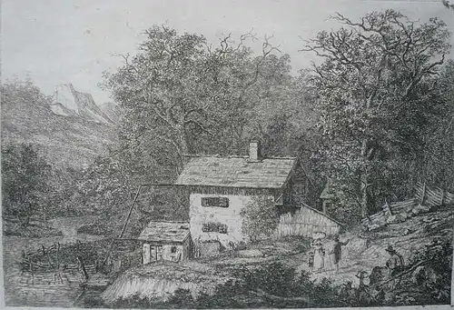 Steinheim, Salomon Ludwig (1789 Bruchhausen (Höxter) - 1866 Zürich, begr. in Altona),, Gehöft am Fluß mit Wanderer und Ziegenhirte. Radierung