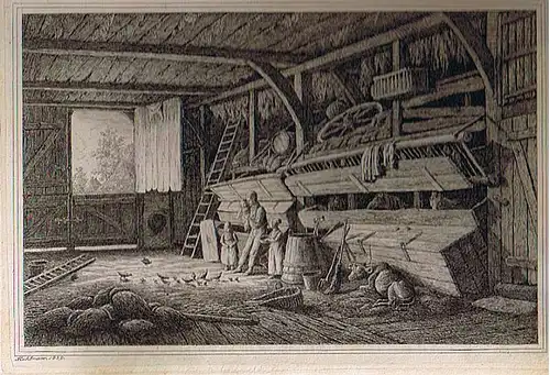 Stuhlmann, Heinrich (1803 Hamburg 1886),, Die Tenne mit dem Pferdestall. Radierung mit dreifacher Einfassungslinie