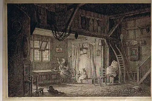 Stuhlmann, Heinrich (1803 Hamburg 1886),, Fischerhaus-Interieur ("Finckenwärder Fischerhaus"). Radierung mit dreifacher Einfassungslinie