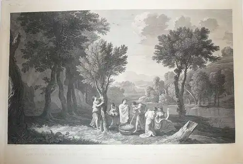 Volpato, Giovanni Battista (1733 Bassano - 1803 Rom),, Szene mit Nymphen am Waldrand und am Ufer eines Flusses einer idealen Landschaft. Radierung nach Herman van Svanefelt (um 1600 Utrecht - 1655 Paris).  In der Platte signiert, bezeichnet "Romae". Mit z