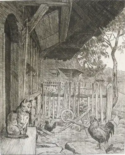 Thoma, Hans (1839 Bernau -1924 Karlsruhe),, Schwarzwaldhof (Vordach) mit Katze und Hahn. Radierung