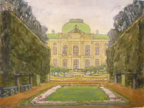 Tittelbach, Anna (Dresdner Künstlerin, tätig um 1900),, Japanisches Palais Dresden, Gartenseite. Aquarell, auf Malpappe aufgezogen