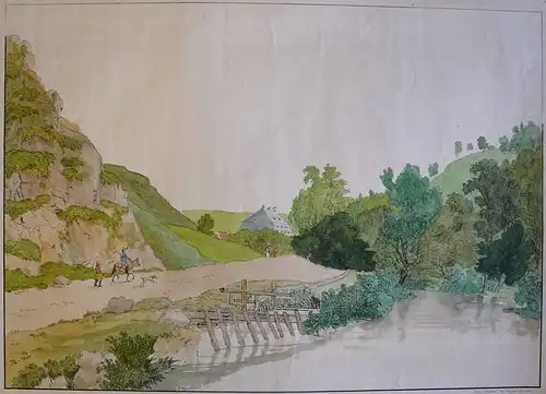 Wizani, Johann Friedrich (1770 - Dresden - 1835),, Flußlandschaft bei der Mühle in Plauen. Aquarellierte Umrißradierung