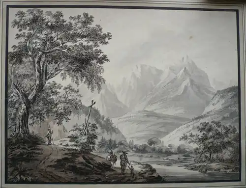 Zeichner Anfang 19. Jahrhundert,, Hochgebirgslandschaft mit Wanderern im Tal. Tuschfeder, in Braun und Grau laviert