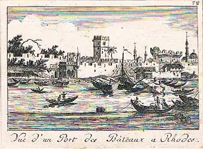 Choiseul-Gouffier, Marie Gabriel Florent Auguste de,, Vue d`un Port des Bateaux à Rhodes. Kupferstich Nr. 72 aus dem 1. Band der "Voyage Pittoresque de la Grèce" von Francois Decquevauvillier nach einer Zeichnung von Jean-Baptiste Hilair