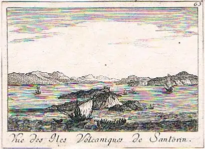 Choiseul-Gouffier, Marie Gabriel Florent Auguste de,, Vue de la côte de Santorin. Kupferstich Nr. 63 aus dem 1. Band der "Voyage Pittoresque de la Grèce" von Francois Decquevauvillier nach einer Zeichnung von Jean-Baptiste Hilair