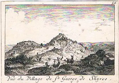 Choiseul-Gouffier, Marie Gabriel Florent Auguste de (1752-1817),, Vue du Village de St. George de Shyros. Kupferstich Nr. 66 aus dem 1. Band der "Voyage Pittoresque de la Grèce" von Francois Decquevauvillier nach einer Zeichnung von Jean-Baptiste Hilair