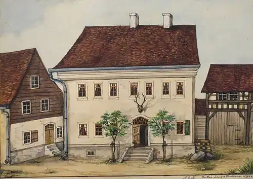 Dielitz, Konrad (1845 Berlin - 1933 Berlin),, Tabarz. Das Klein-Tabarzer Forsthaus. Aquarell und Gouache auf glattem Velin, mit schwarzem Tuschrand eingefasst
