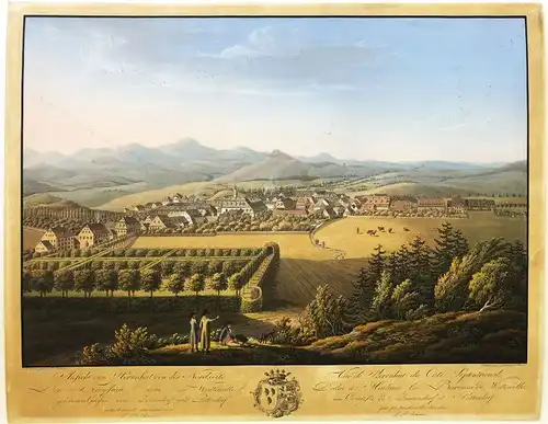 Schmuz, L. F. (um 1800 tätig),, Ansicht von Herrnhut von der Nordseite Umrißradierung mit Aquarell und Gouache von Heinrich Friedrich Laurin (1756 Dresden - 1830...