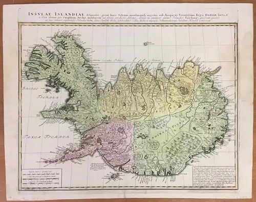 Homann Erben: Insvlae Islandiae delineatio, prout haec Solenni mensurandi negotio sub Auspicus Potentissimi Regis Daniae feacto, & a 1734. Kupferstichkarte bei Homann Erben. 