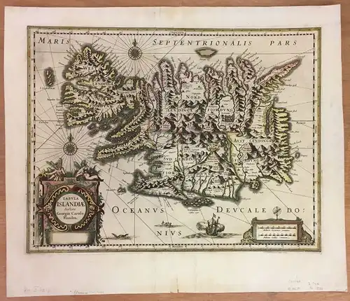Island - Carolo-Karte: Tabvla Islandiae. Auctore Georgio Carolo Flandro. Kolorierter Kupferstichkarte. 