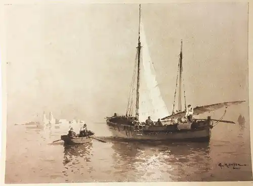 Hanzen, Alexis (1876 Odessa - 1937 Dubrovnik): Segelschiff und Ruderboot in ruhiger See (vor Dubrovnik) Tuschpinsel, laviert. 