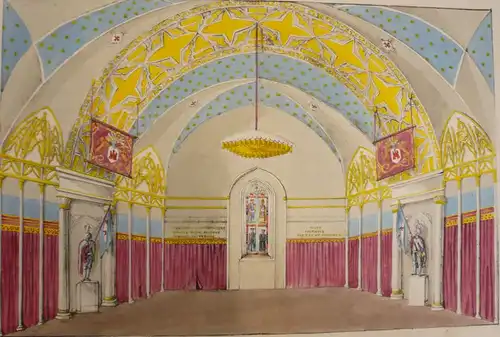 Sahl im Stadthause zu Hamburg / Zur Feier des dreihundertjährigen Verfassungsfestes / am 29ten September 1828. Kreidelithographie und Pochoir. 