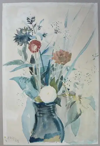 Blumenmaler - 20er Jahre,, Blumen und Gräser in blauer Glasvase mit geriffeltem Hals. Original-Aquarell
