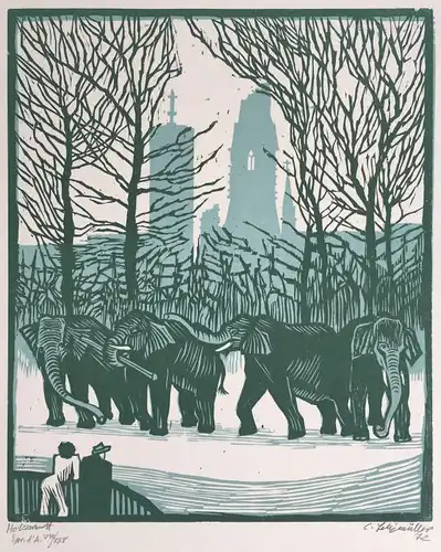 Felixmüller, Conrad (1897 Dresden - 1977 Berlin),, 2 handgedruckte Holzschnitte:Freizeit der Berliner Elefanten. 1 Holzschnitte und 1 Farbholzschnitt