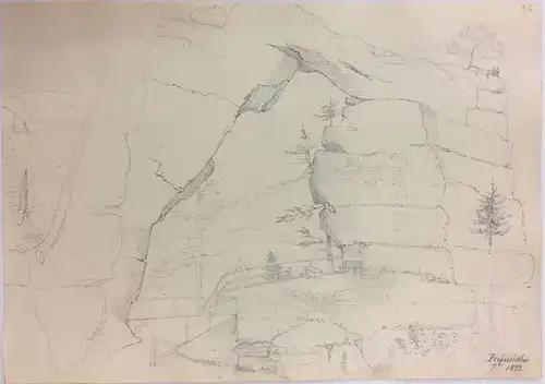 Französisch/Schweizer Zeichner Anfang 19. Jh.,, Blick vom Wanderweg aus auf das Präbischtor. Bleistift