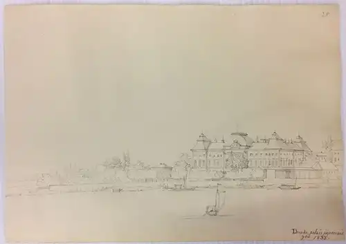 Französisch/Schweizer Zeichner Anfang 19. Jh.,, Blick von der Elbe aus auf das Japanische Palais in Dresden. Bleistift