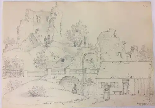 Französisch/Schweizer Zeichner Anfang 19. Jh.,, Ruinen der Rosenburg in Graupen. Bleistift