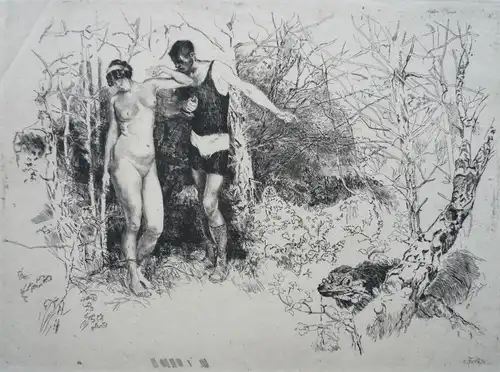 Fürst, Edmund (1874 Berlin - 1955 Tel Aviv),, Weiblicher Akt und Mann im Wald. Radierung