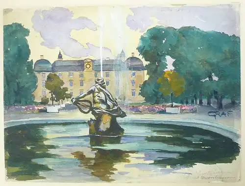 Graf, Oscar (1870 Freiburg -1957 Bad Boll),, Schloß Schwetzingen mit Arionbrunnen. Aquarell und Deckfarben