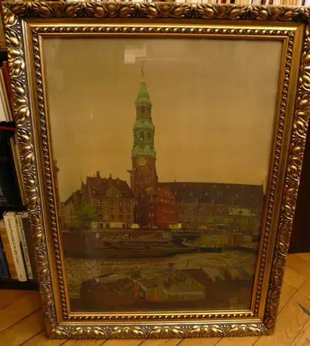 Mohr, Johannes (1889  - 1914 gefallen vor Paris),, Katharinenkirche in Hamburg mit Frachtkahn des antifaschistischen Widerständlers Wilhelm Zirpel aus Michelsdorf. Farblithographie