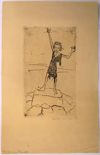 Hartogh, Rudolf Franz (1889 Hamburg - 1960 Fischerhude-Quelkhorn),, Figur mit Kettenhemd auf einem Stein stehend und mit erhobenen Armen. Radierung