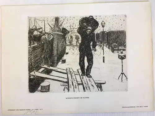 Hasse, Sella, geb. Schmidt (1878 Bitterfeld - 1963 Berlin),, Kohlenlöschen im Schnee. Radierung aus "Zeitschrift für Bildende Kunst", 1913